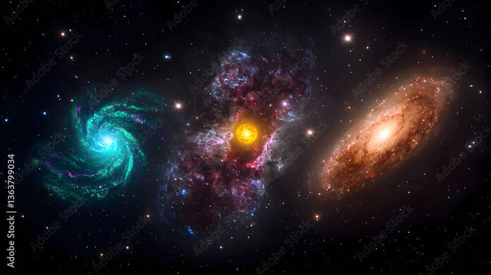 Poster colorful galaxies in the deep space showing celestial structures and glowing nebulas
