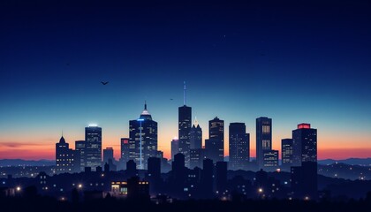 Fototapeta premium City skyline at dusk with glowing buildings and a sunset background 