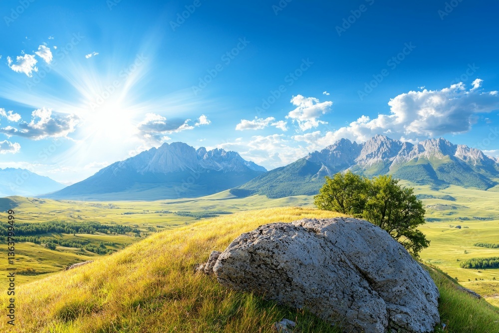 Poster mountain range with a large rock in the foreground