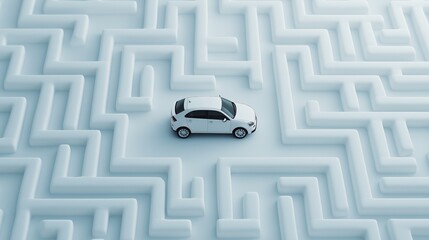 White Car in a Complex 3D Maze Navigation Concept Illustration