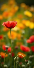 Obraz premium Vibrant red poppy stands tall among a colorful field of blooming flowers in springtime nature