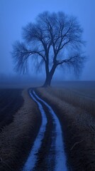 Lonely tree in a misty landscape with a winding path and drenched fields under a deep blue twilight sky