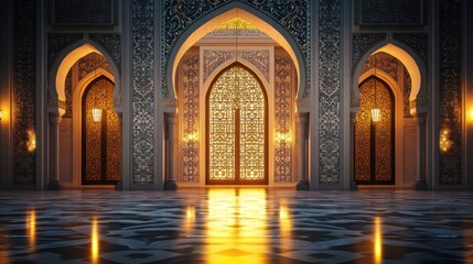 Traditional Islamic tile patterns, illuminated mosque entrance, warm Ramadan atmosphere.