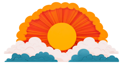 Sun illustration with clouds and sky, bright colors, cartoon style, cut out transparent