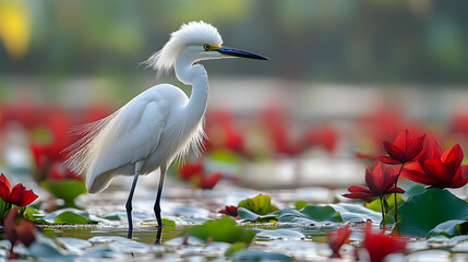 Naklejka premium White Heron In A Pond With Red Lotus Flowers