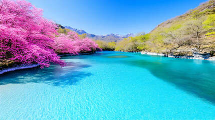 Fototapeta premium Vibrant pink cherry blossoms frame a crystal-clear turquoise river, nestled within a serene mountain valley under a brilliant blue sky