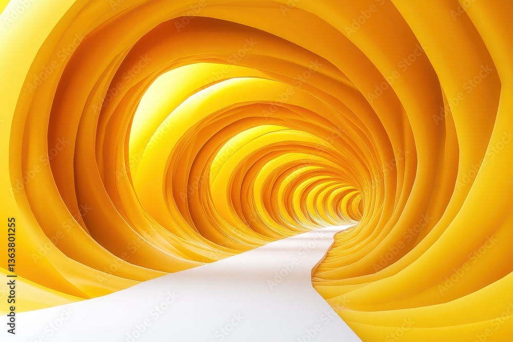 Poster Dynamic 3D tunnel design featuring vibrant yellow tones creating an abstract visual effect set against a clean white background