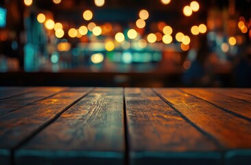 Rustic wooden bar top, out of focus night lights
