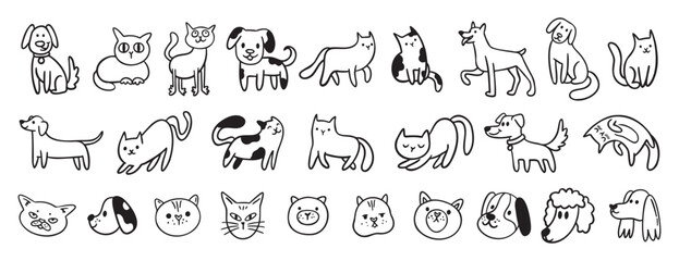 cute dogs and cats doodle hand drawn icon set. Sitting, standing. Outline drawing cats and dogs faces line clipart symbol collection