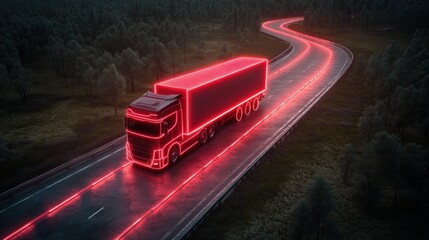 Neon Truck on Winding Road at Night