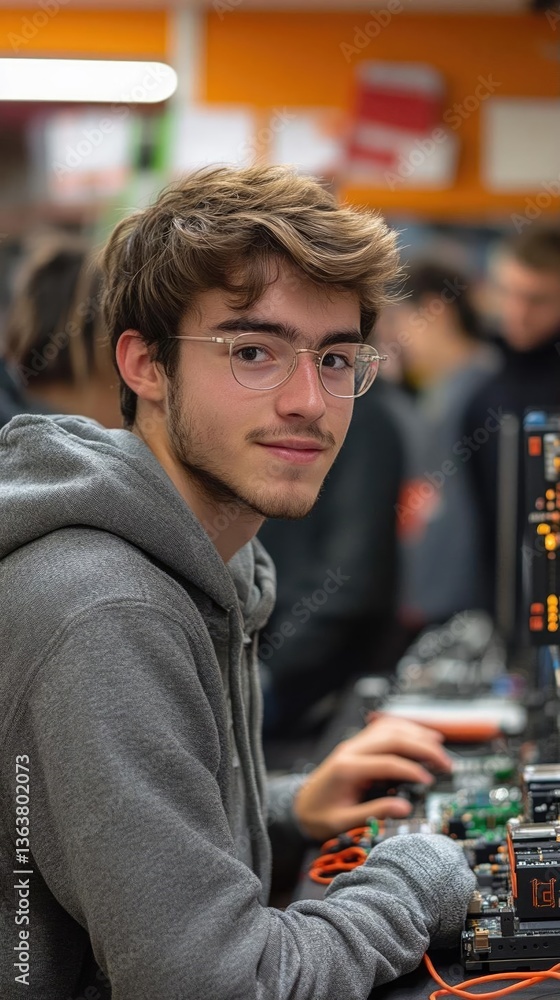 Poster young man with glasses working on computer hardware in a busy tech workshop environment