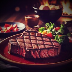 Grilled Steak with French Fries and electric grill. lunch A delicious and satisfying meal of grilled steak, French fries