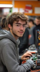 Young man with glasses working on computer hardware in a busy tech workshop environment
