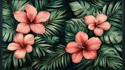 Fototapeta premium Vibrant pink hibiscus flowers surrounded by lush green leaves in a tropical setting