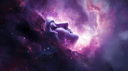 Fototapeta premium A god dreaming in a cosmic cocoon, with swirling mists and twinkling stars revealing the birth of a universe,. Nebula Cocoon. Illustration