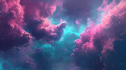 Fototapeta premium A space-themed floating in pink and teal neon clouds. Nebula Cocoon. Illustration