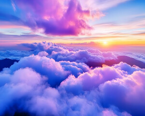 Vibrant sunset over a sea of clouds, showcasing colorful sky and fluffy clouds
