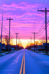 Vibrant sunset over a suburban street, power lines framing the vanishing point