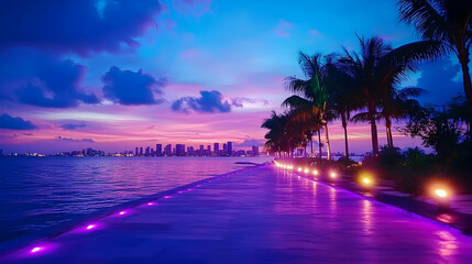 Vibrant sunset over cityscape, palm trees line illuminated waterfront path