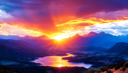Vibrant sunset over majestic mountains and serene lake