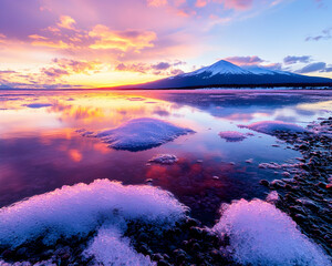 Vibrant sunset reflecting on calm lake with snow patches and a majestic mountain in the background