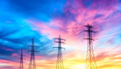 Vibrant sunset sky with silhouetted high-voltage power transmission towers