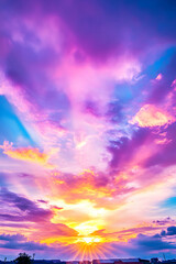 Vibrant sunset with colorful clouds and sun rays