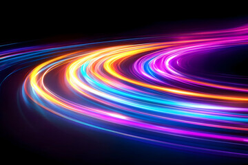 Vibrant, swirling light trails curve across a dark background