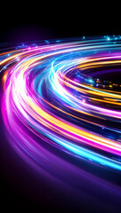 Vibrant, swirling light trails in a circular motion against a black background