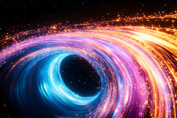 Vibrant swirling light trails forming a cosmic vortex against a dark, starry background