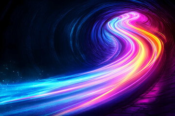 Vibrant, swirling light trails in a dark tunnel