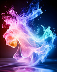 Vibrant, swirling, multicolored smoke-like formation reflecting on dark surface