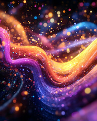 Vibrant, swirling, luminous strands with glittering particles in a dark space