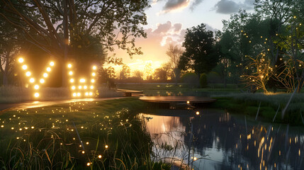 Dusk Representation of the 'YW' Chat Slang in an Illuminated Public Park Setting