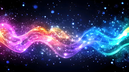 Vibrant, swirling nebula with sparkling dust and colorful light streaks