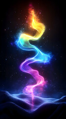 Vibrant, swirling rainbow light beam rising from a dark, snowy landscape