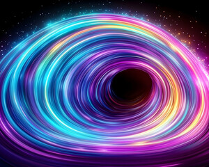 Vibrant swirling neon light tunnel against dark space background