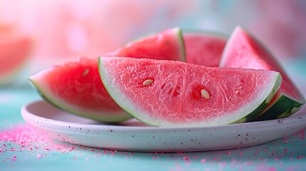 Delicious Slices of Watermelon on a Plate with Pink Accents, a Summery and Refreshing Fruity Treat.