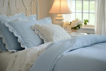 Light Blue Bedding in Cozy Bedroom with Lace Trim