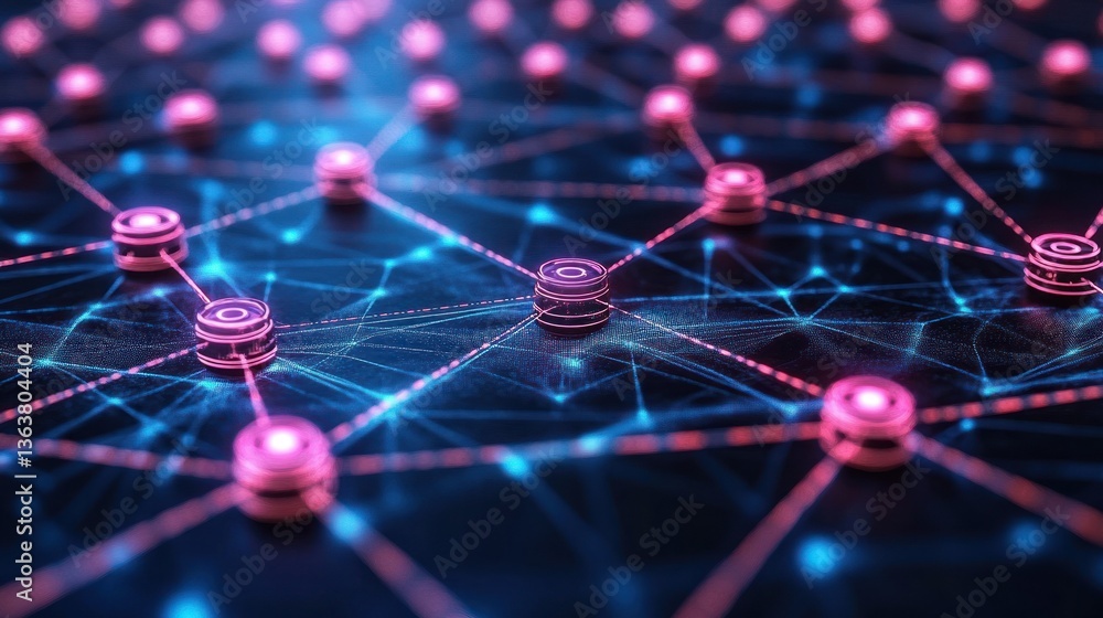 Poster abstract network visualization: interconnected nodes in a digital landscape