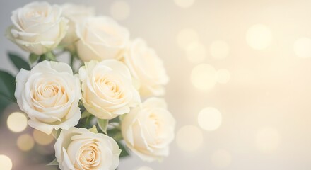 A romantic floral background with white roses and a subtle bokeh light effect.