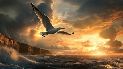 Naklejka premium A beautiful seagull is soaring gracefully above ocean waves