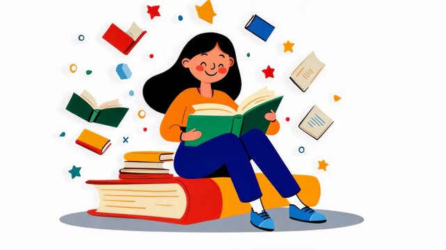A young woman joyfully reads amidst a pile of colorful books, celebrating her love for literature on National Book Lovers Day.