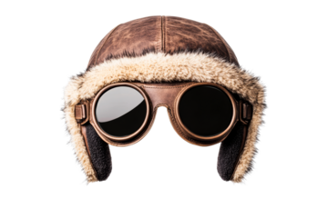 Vintage aviator hat, goggles, fur trim, isolated, retro pilot, adventure, cut out transparent