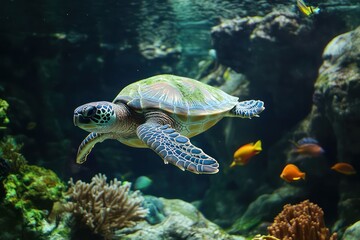 Obraz premium Sea turtle swims in aquarium, coral reef background
