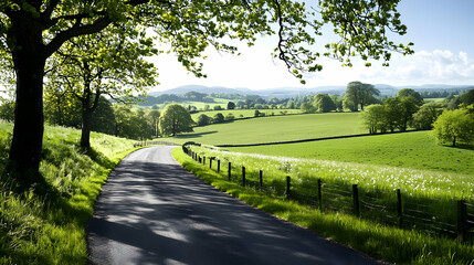 Obraz premium Winding Asphalt Road Through Lush Green Fields And Trees Under Bright Sunlight In A Peaceful Rural Landscape