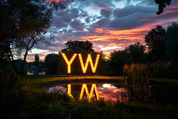 Dusk Representation of the 'YW' Chat Slang in an Illuminated Public Park Setting