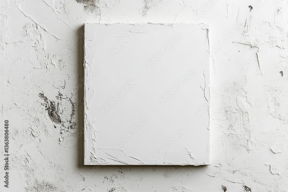 Poster blank canvas with texture on wooden easel against textured wall for minimalist product display in ne