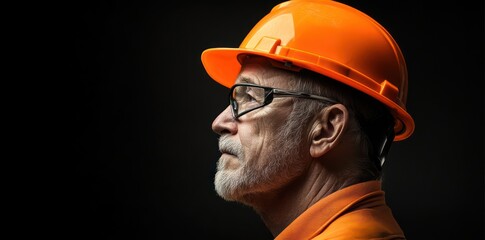 Senior construction worker profile, dark background, safety helmet.  Industry image