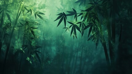 Serene bamboo forest, misty morning, peaceful background, nature scene